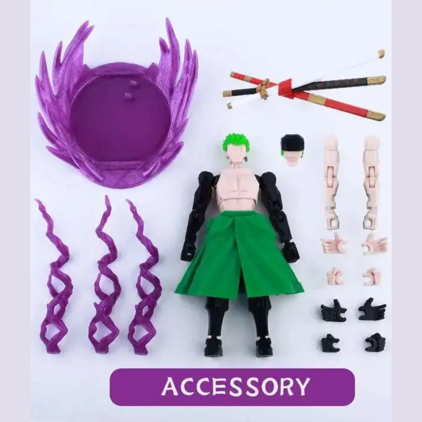 Action figure with accessories including a green skirt, purple hair, and weapons on a white background.