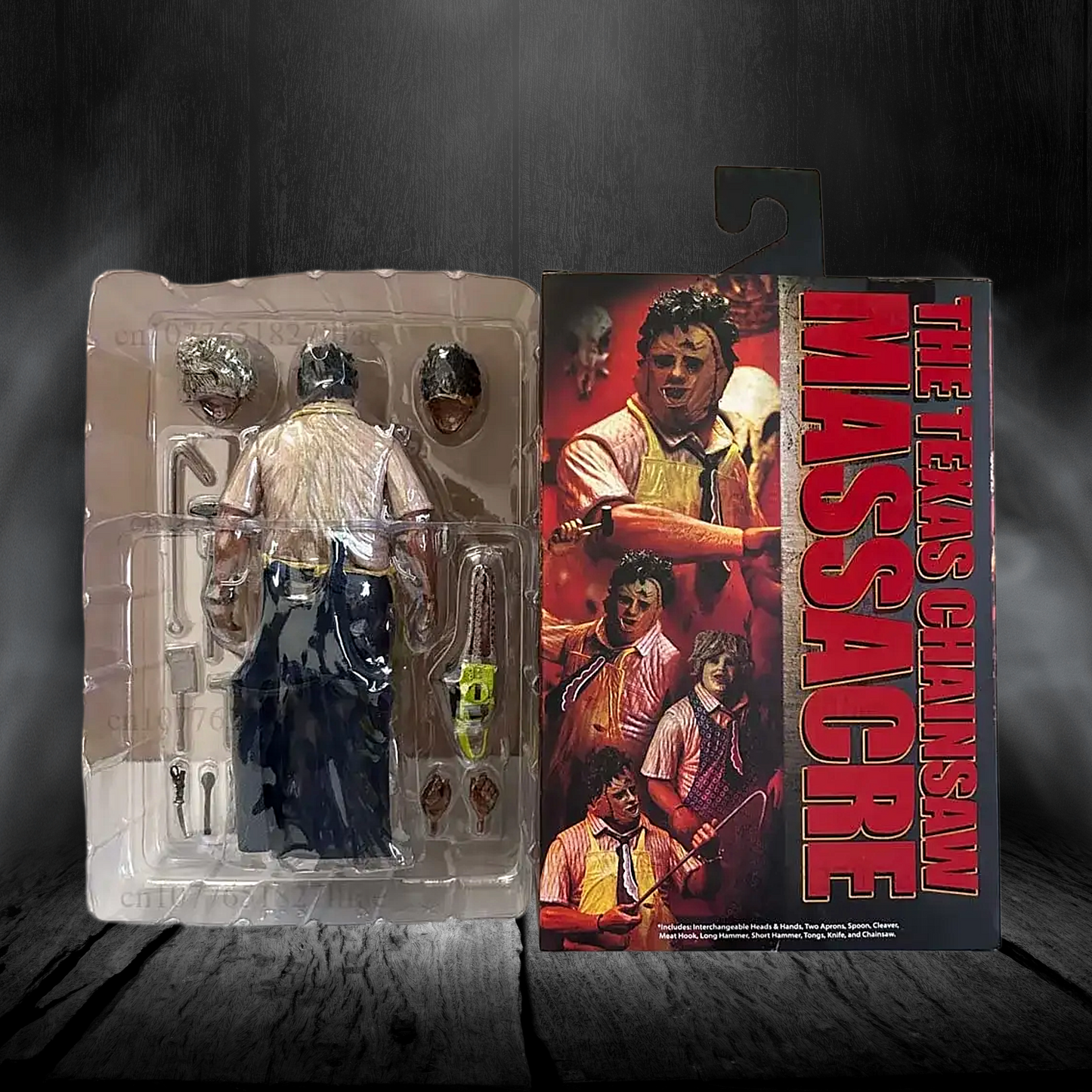 Action figure in packaging with 'The Texas Chainsaw Massacre' movie poster in the background