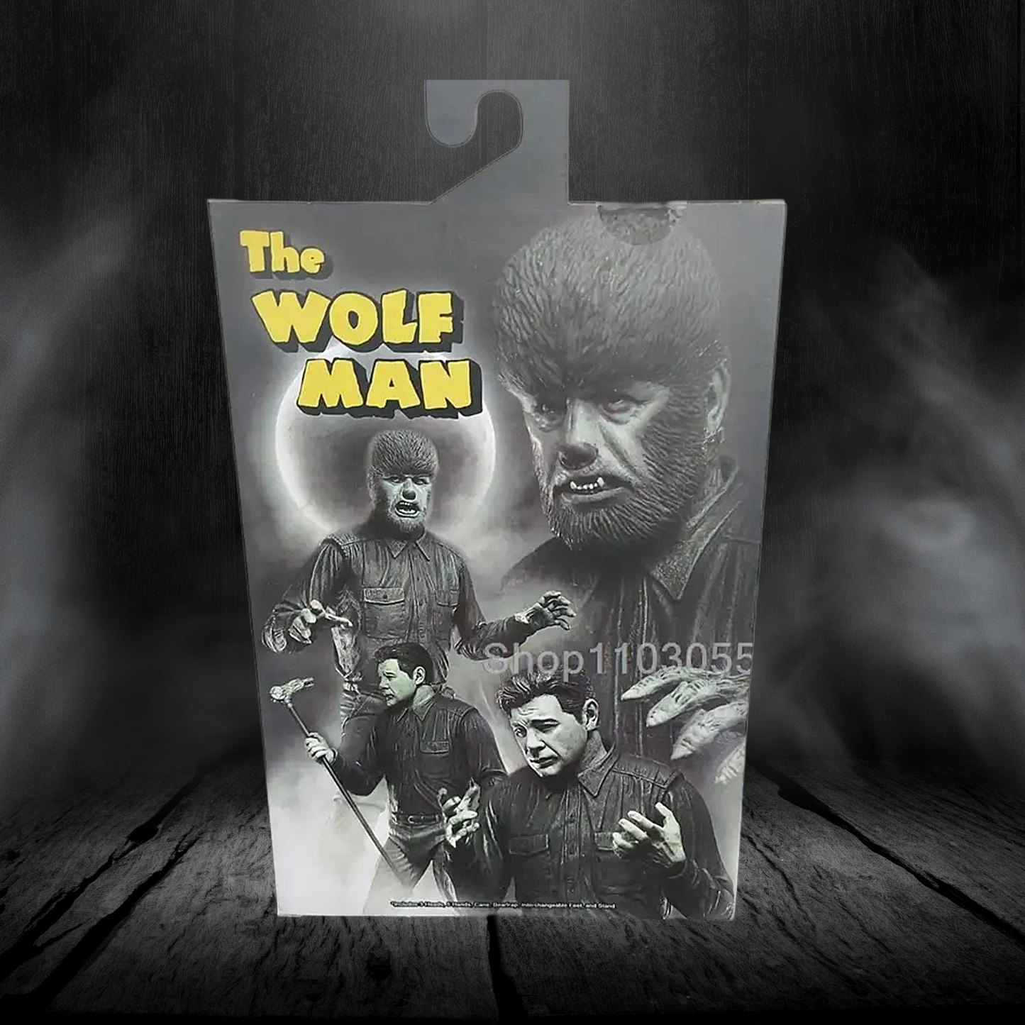 Packaging for 'The Wolf Man' figure with black and white images of the character on a dark background.