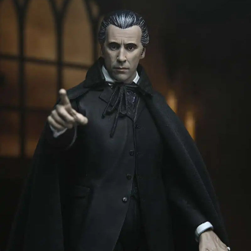 Figure in a dark coat with a gothic-style background