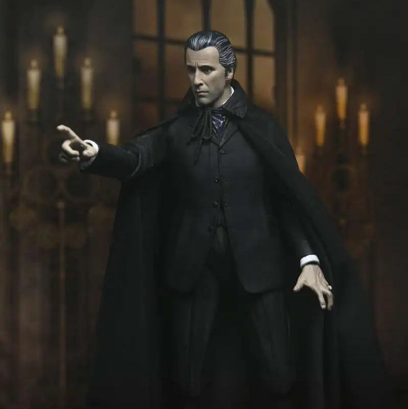 Action figure in a dark suit and cape against a gothic-style background