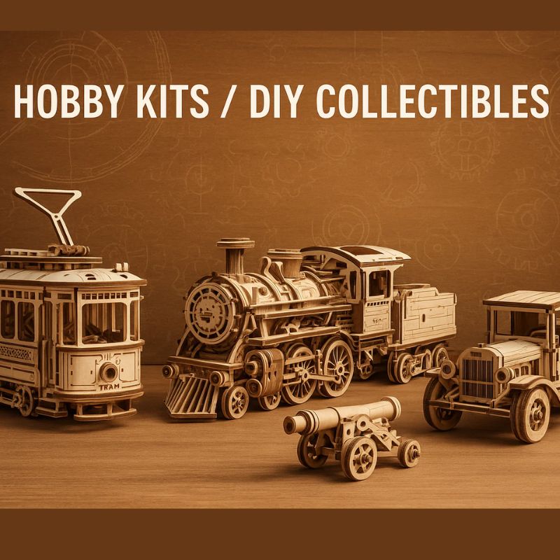 Wooden model kits of a tram, steam locomotive, and vintage car on a brown background with 'Hobby Kits / DIY Collectibles' text.