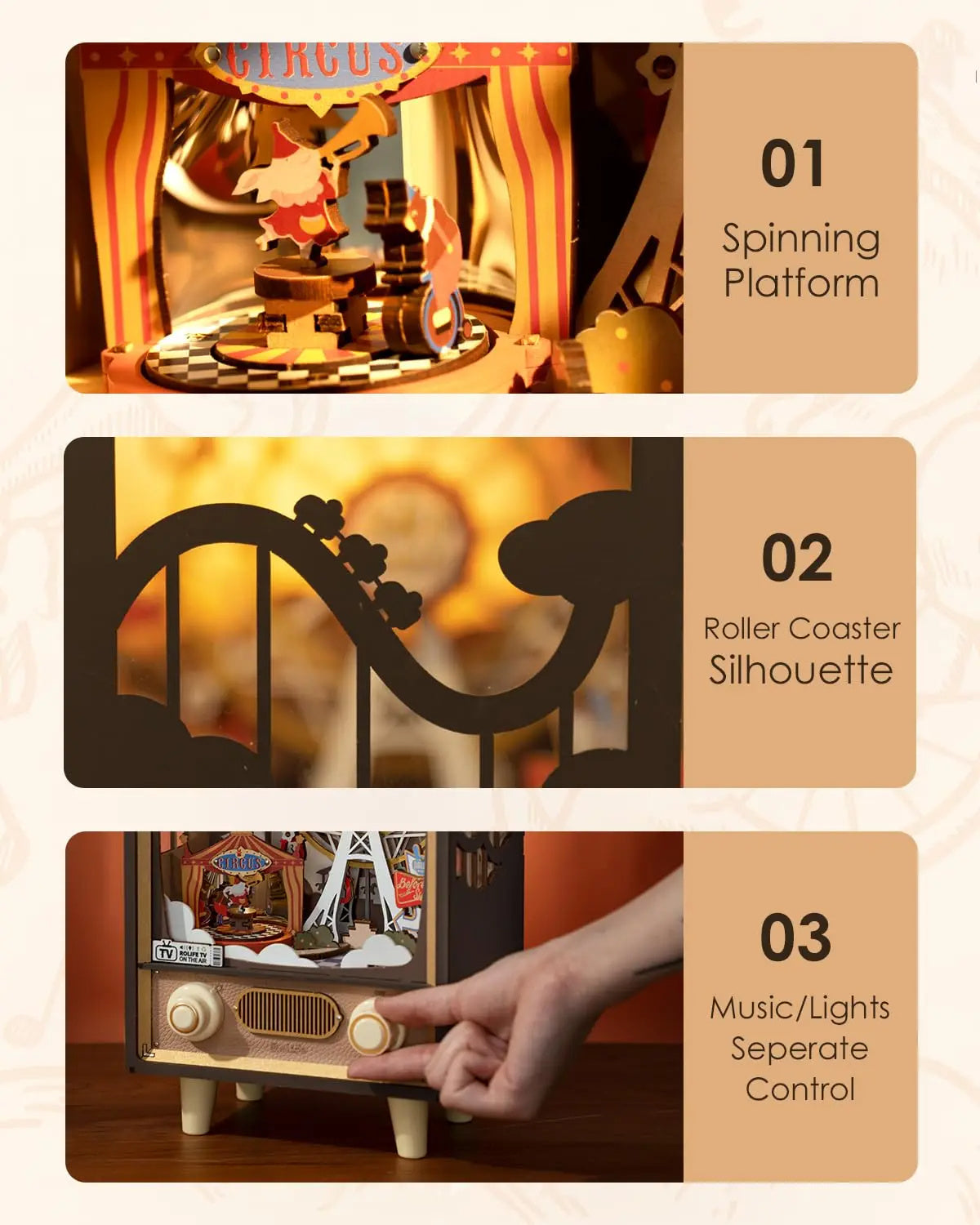 Robotime | Rolife | Music Dreamer | Sunset Carnival TV Music Box With Lights | Miniature & DIY Model Kits
