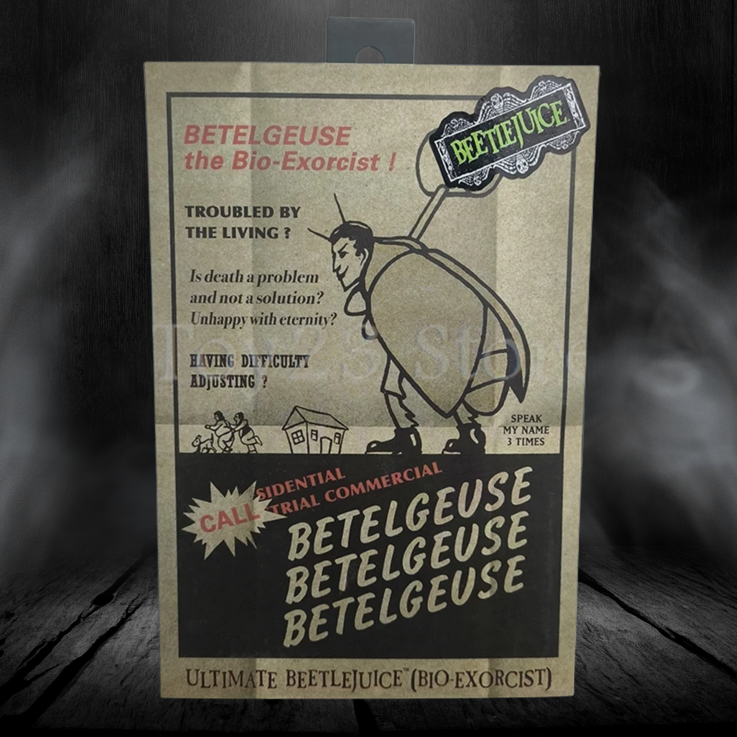 Vintage-style advertisement for Betelgeuse the Bio-Exorcist on a textured background