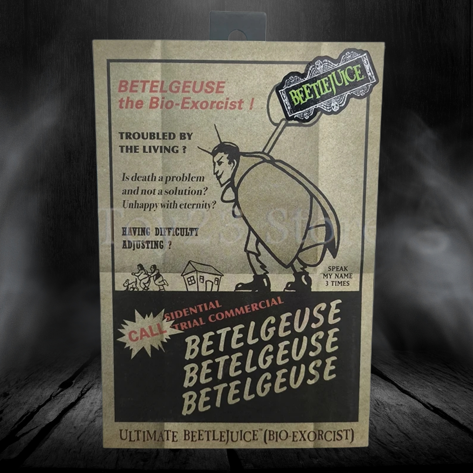 Vintage-style advertisement for Betelgeuse the Bio-Exorcist on a textured background