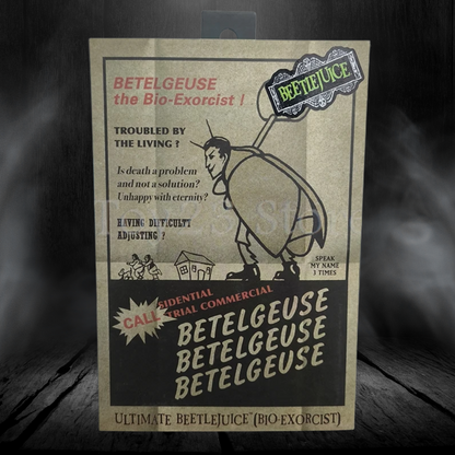 Vintage-style advertisement for Betelgeuse the Bio-Exorcist on a textured background