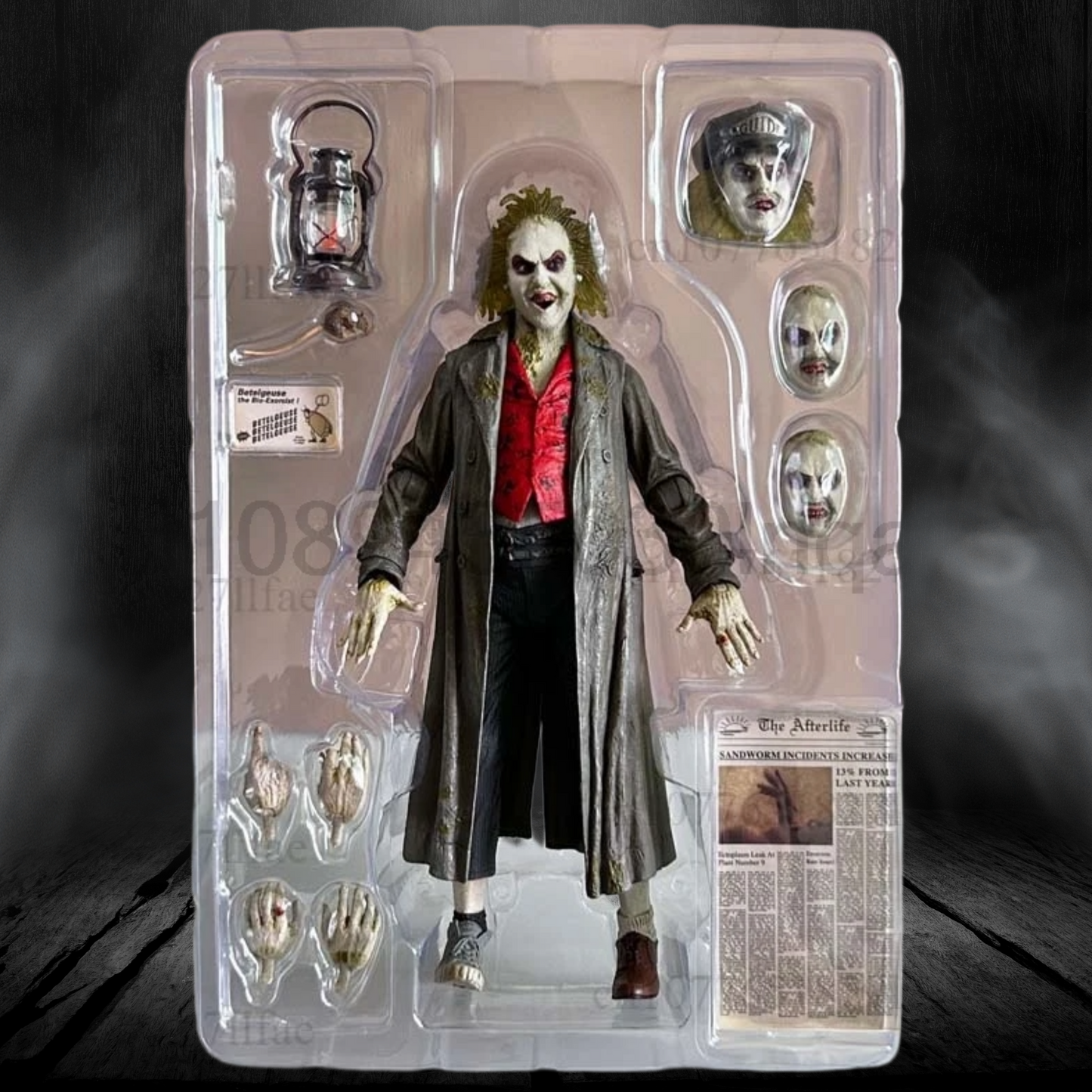 Action figure in packaging with detailed accessories on a dark background