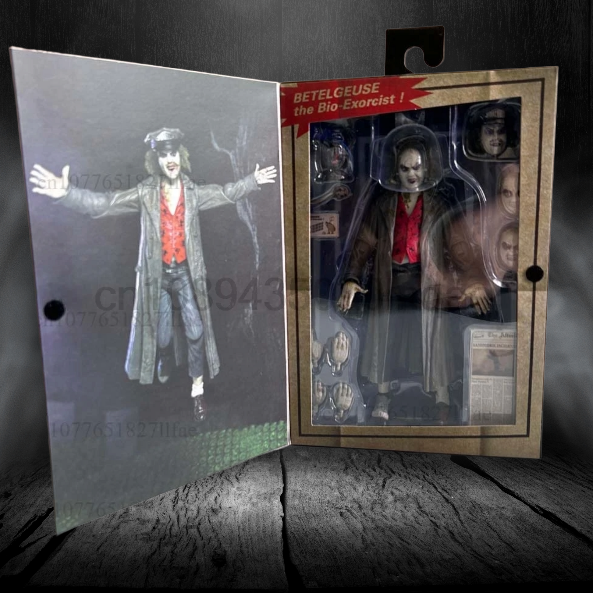Action figure in packaging with a dark, textured background