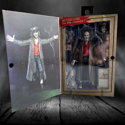 Action figure in packaging with a dark, textured background