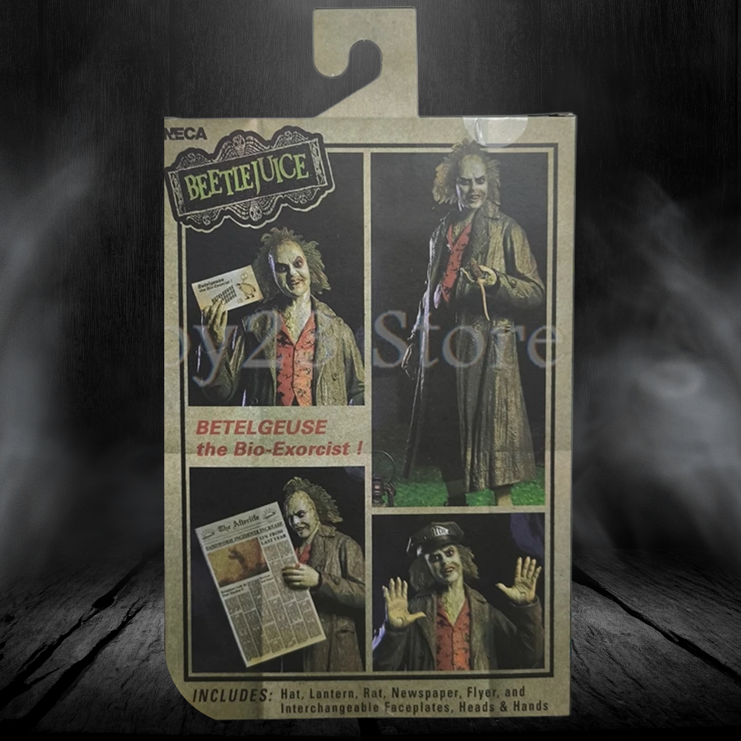 Beetlejuice action figure packaging with character images and text on a dark background