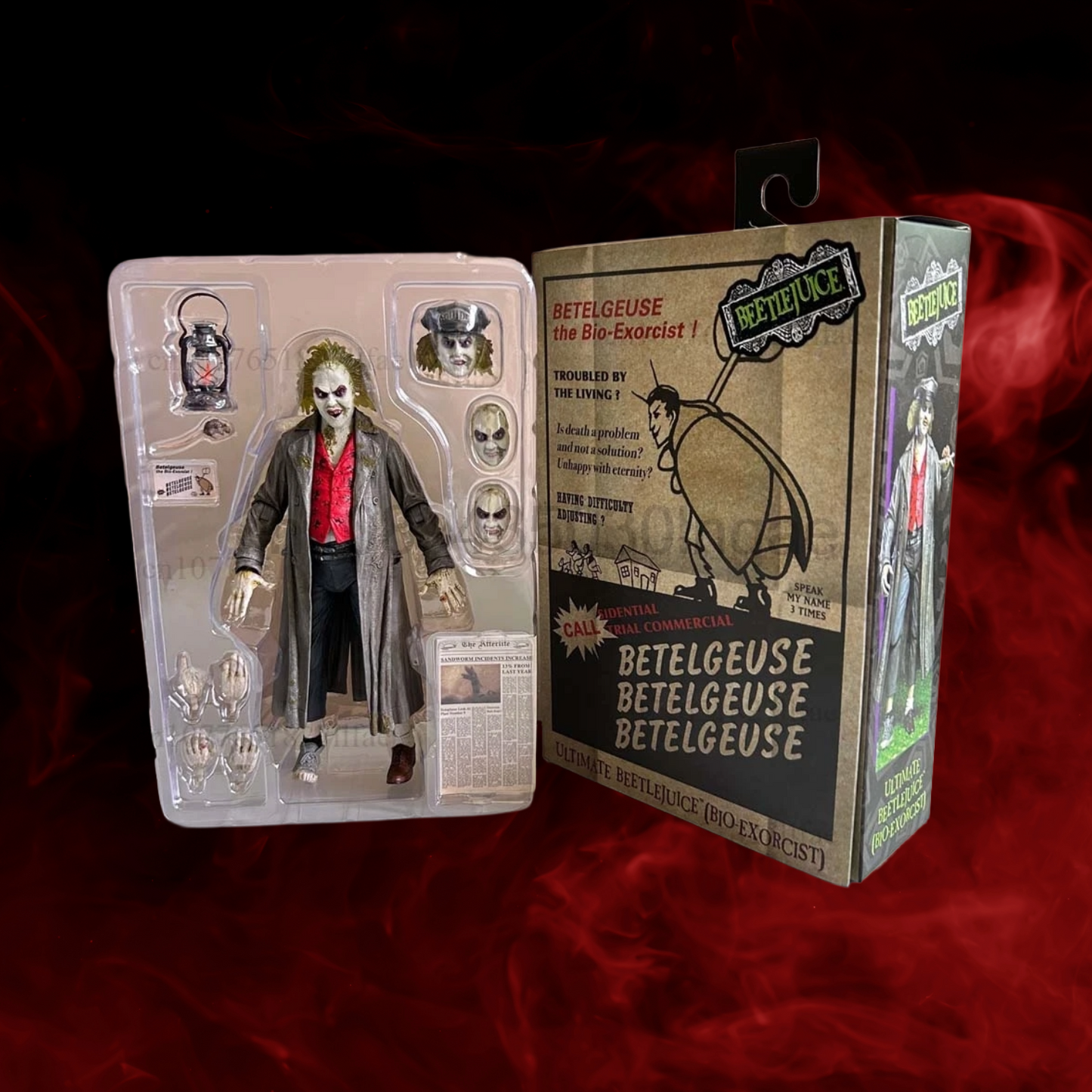 Action figure of a character in a long coat with packaging on a red background