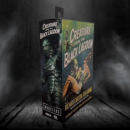 Boxed figure of 'Creature from the Black Lagoon' with vintage poster design on a dark background.