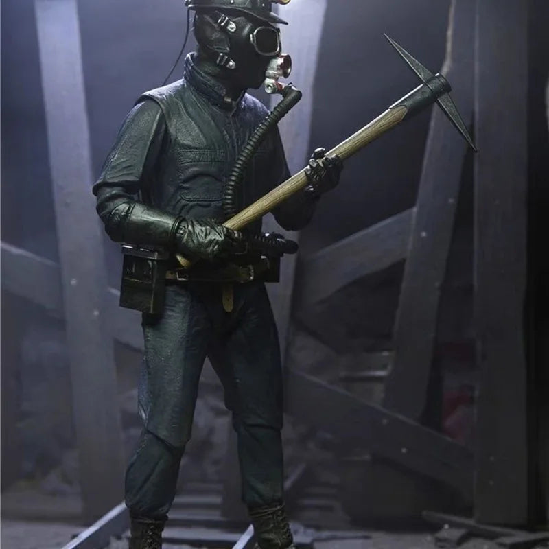 Figure in a dark, industrial setting holding a pickaxe