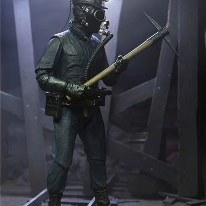 Figure in a dark, industrial setting holding a pickaxe