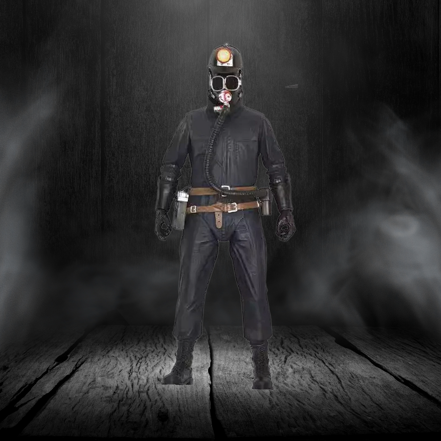 Person wearing a dark uniform and helmet with lights in a smoky, dimly lit room.