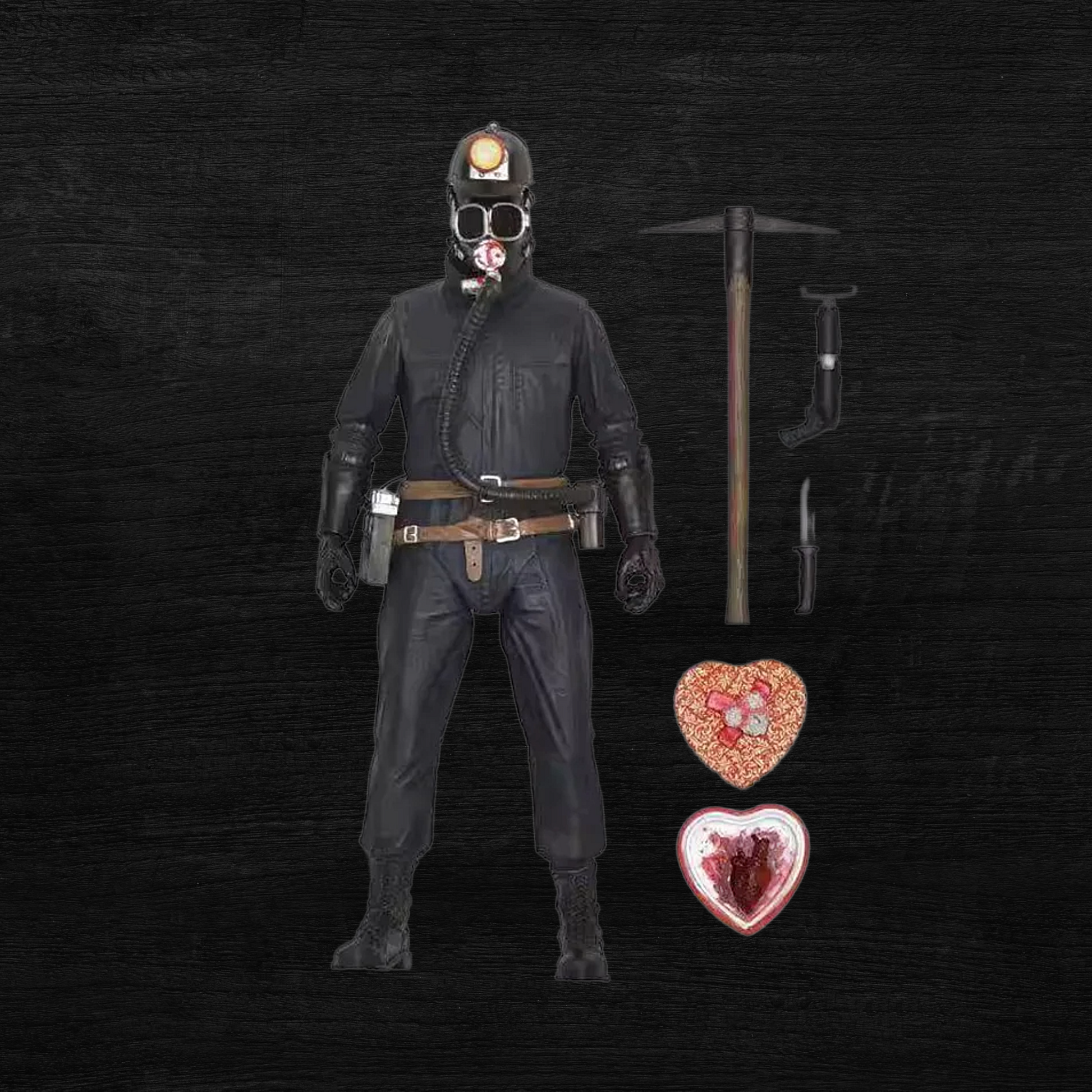 Character in black mining suit with helmet and pickaxe on a dark background