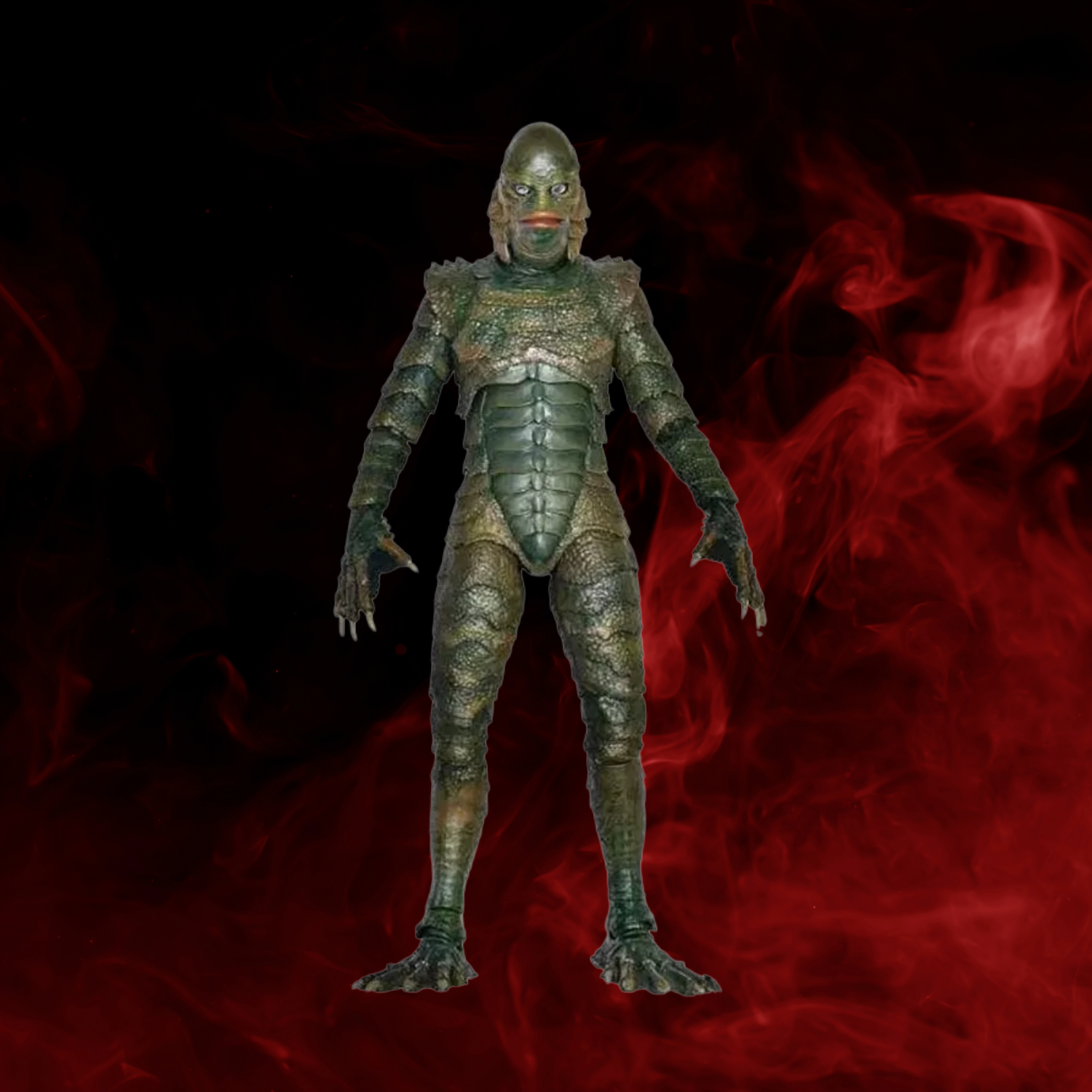 Metallic creature figure on a dark red background