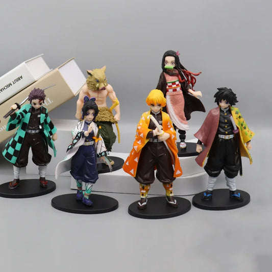 Set of five anime character action figures on a gray background