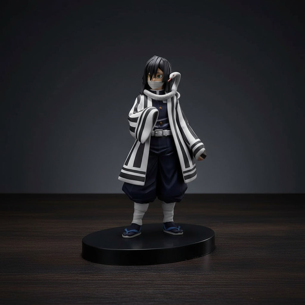 Figurine of an animated character in a black and white outfit on a white background