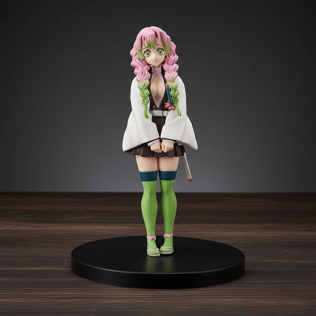 Anime character figurine with pink hair and green eyes on a black base