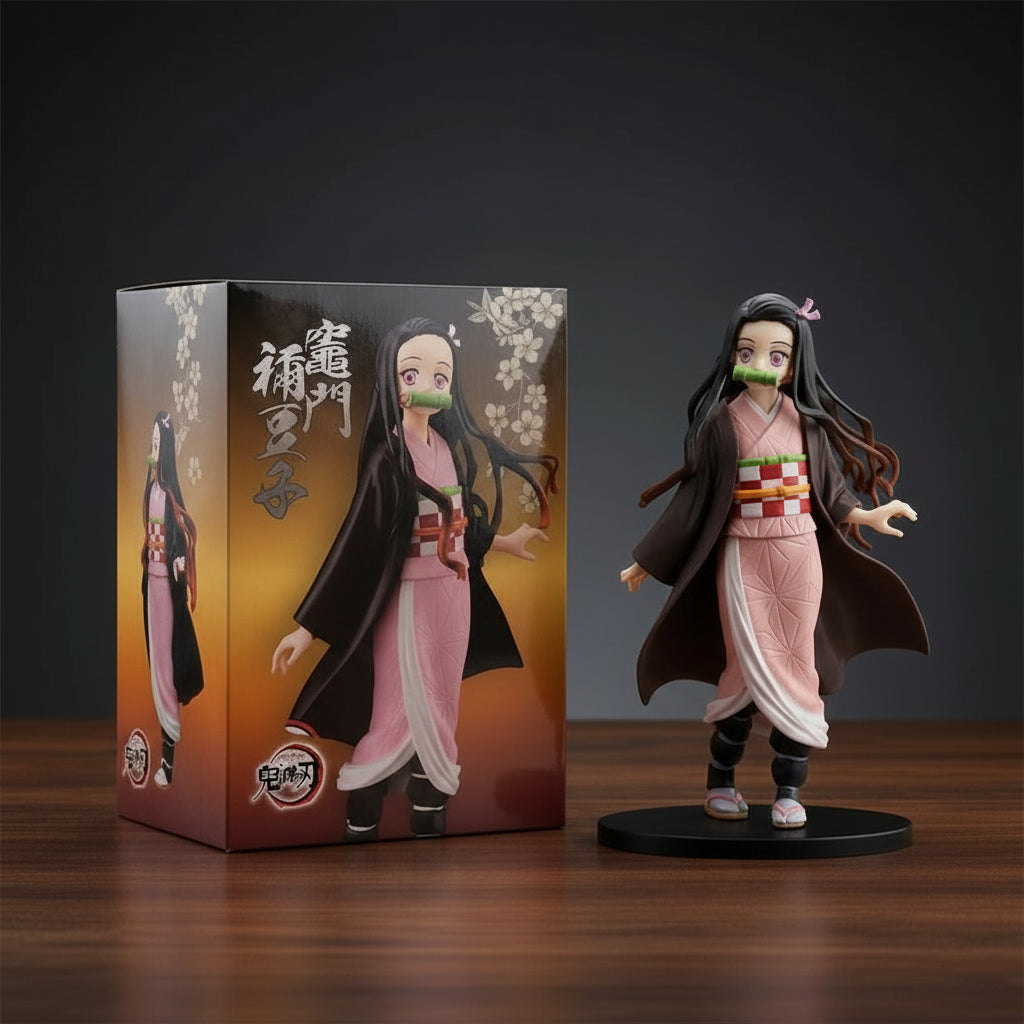 Anime character figurine next to its packaging on a wooden surface with a dark background