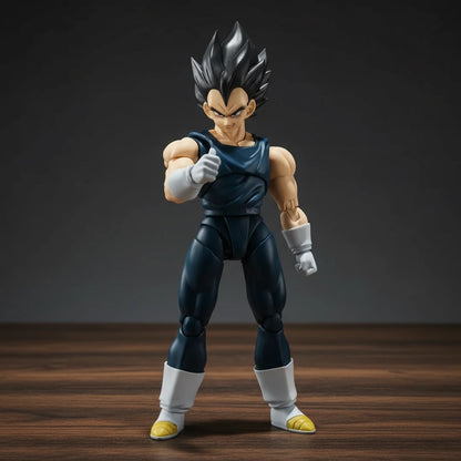 Action figure of a character in a blue and black outfit on a wooden surface with a dark background