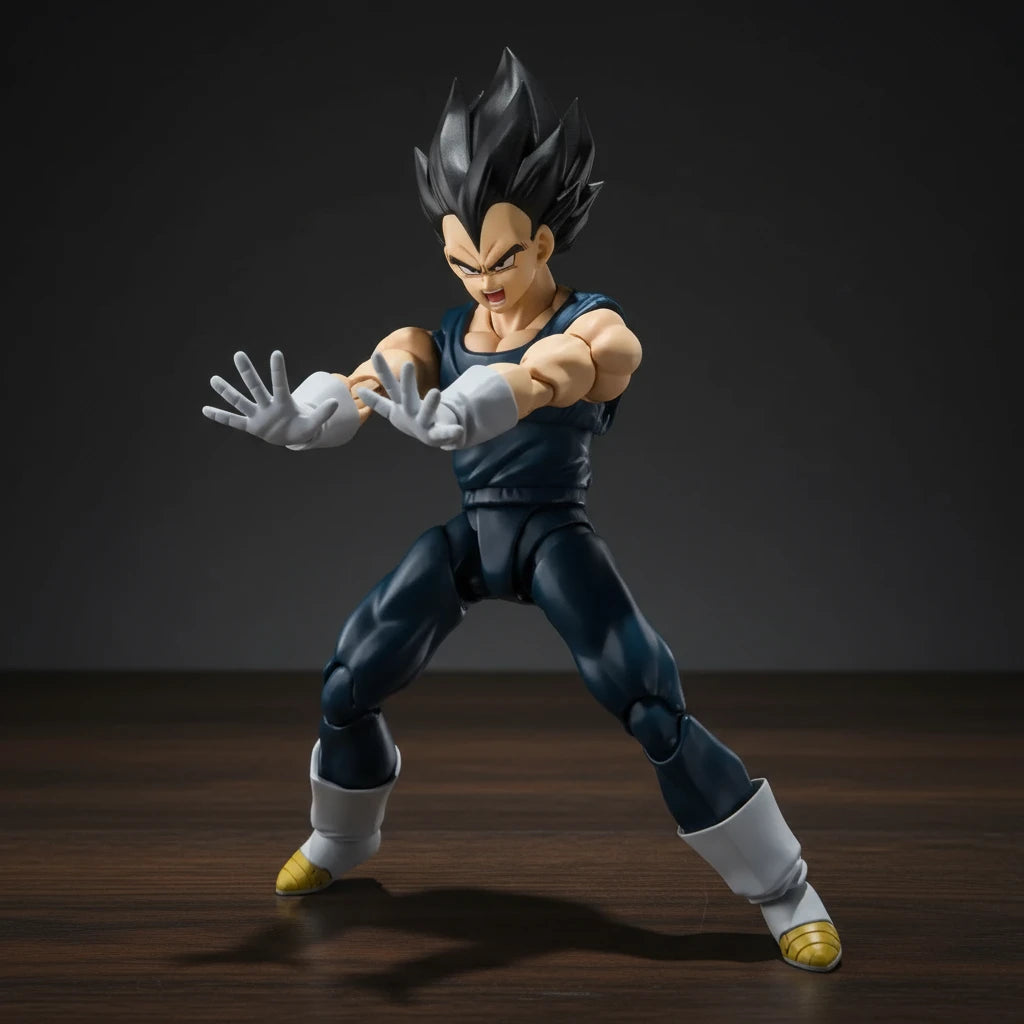 Action figure of a character in a dynamic pose on a textured gray background