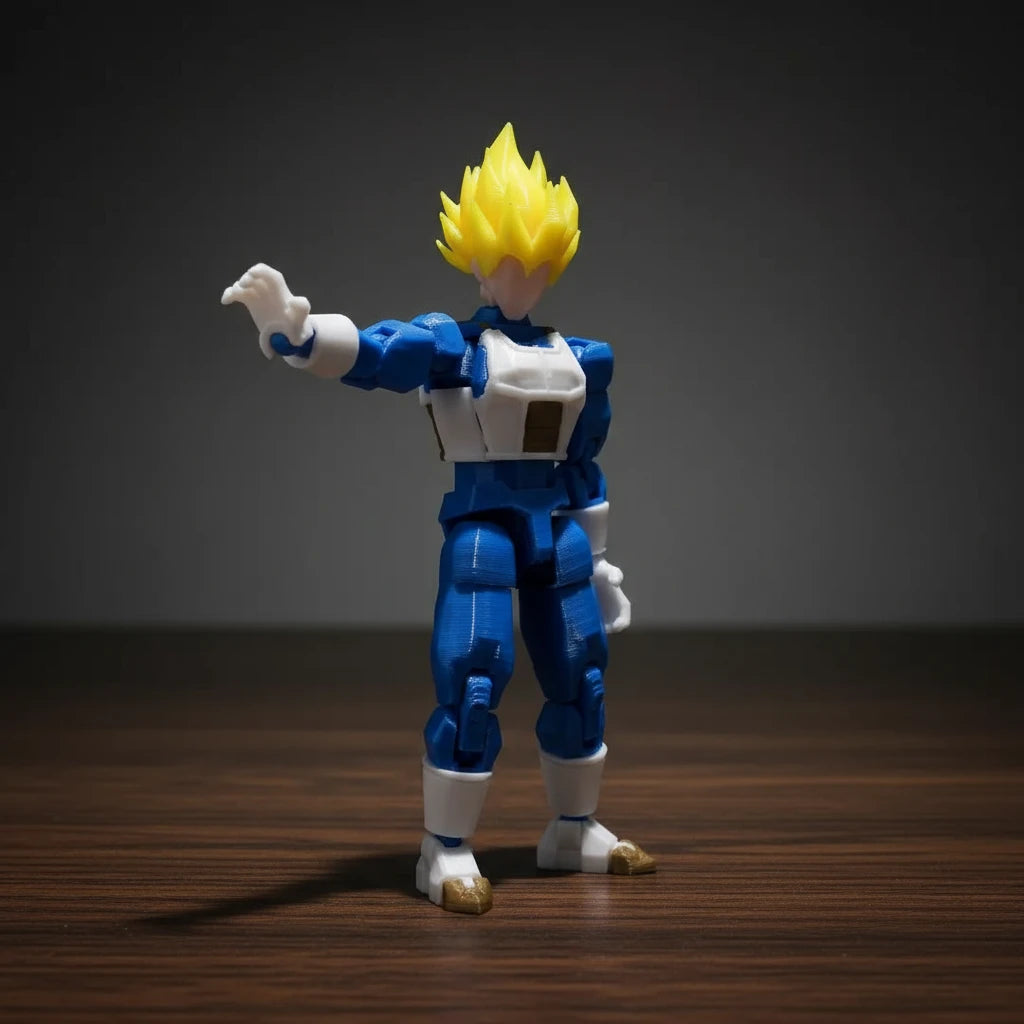 Action figure in blue and white outfit with yellow hair on a textured gray background