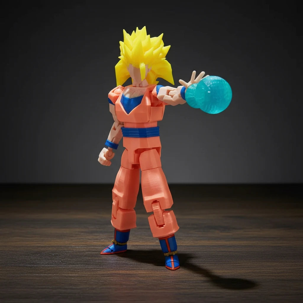 Toy figure of a character in an orange outfit with blue accents on a textured gray background