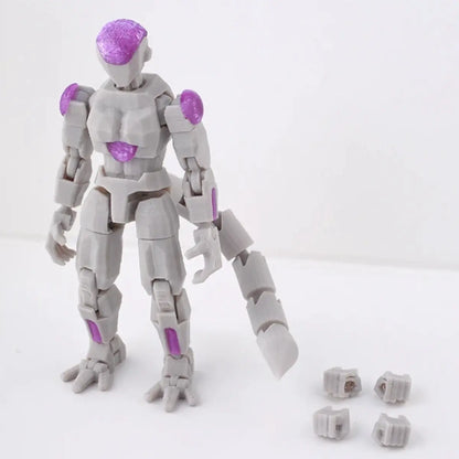 Mechanical figure with purple accents on a white background