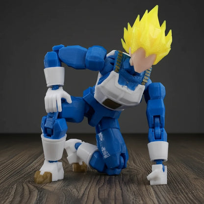 Toy figure with blue and white outfit and yellow spiky hair on a textured gray background