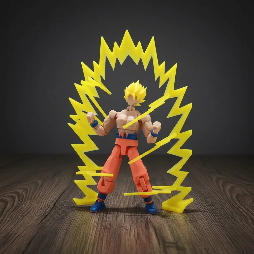Action figure with a yellow energy aura on a gray background