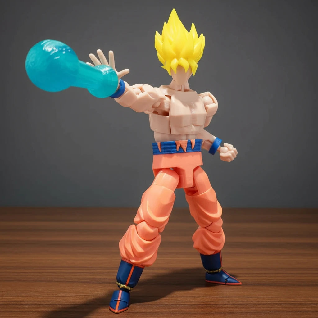 Toy figure of a character with spiky yellow hair and blue wristbands, reaching out towards a blue object on a gray background.