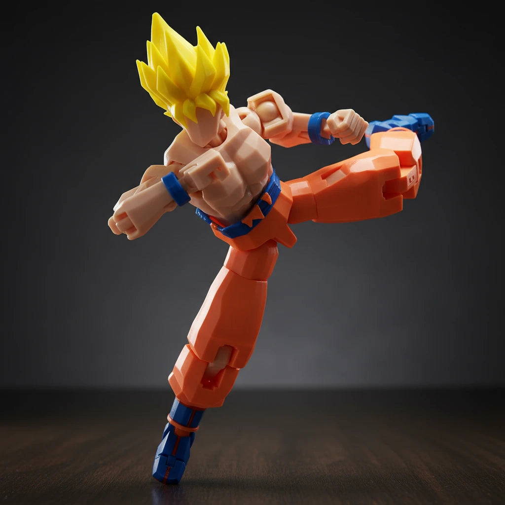 Toy figure with orange outfit, blue gloves, and yellow hair on a gray background