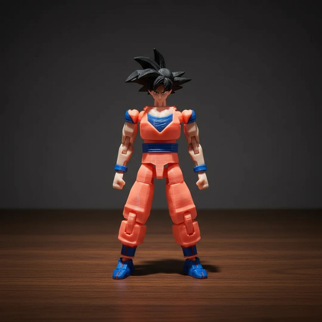 Toy figure in orange and blue outfit on a textured gray background