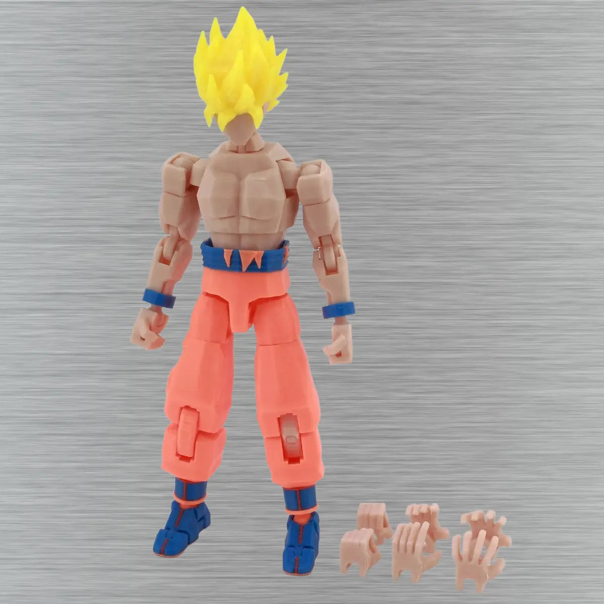 Action figure with interchangeable parts on a textured gray background