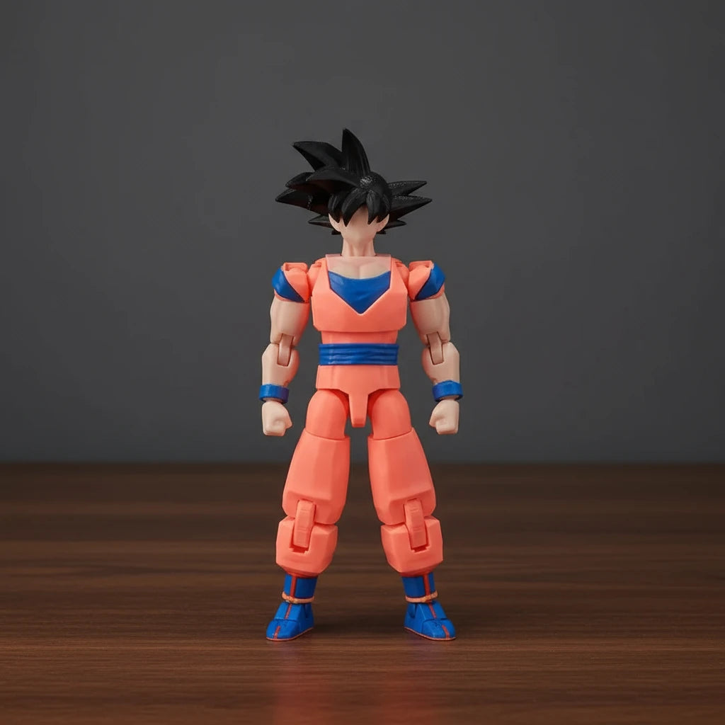 Toy figure in orange and blue outfit on a textured gray background