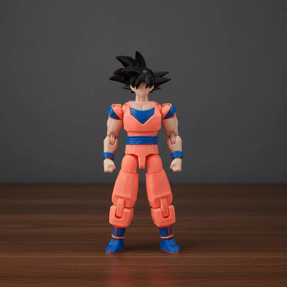 Toy figure in orange and blue outfit on a textured gray background