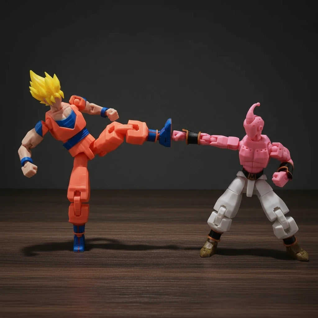 Two action figures, one orange and blue, the other pink and white, on a textured gray background.