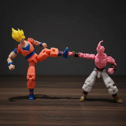 Two action figures, one orange and blue, the other pink and white, on a textured gray background.