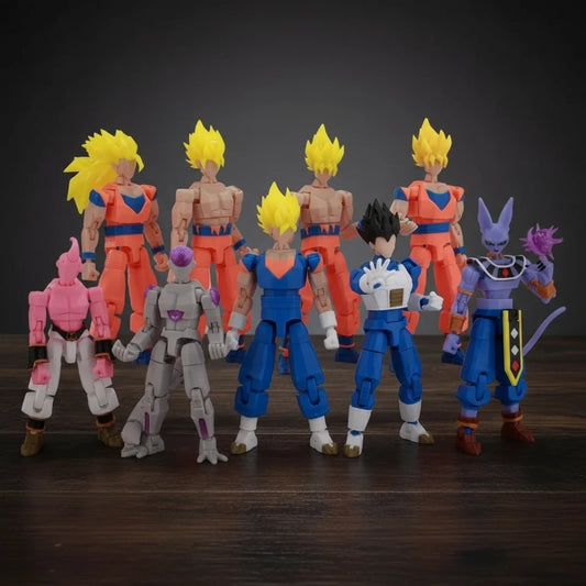 Collection of colorful action figures against a gray background