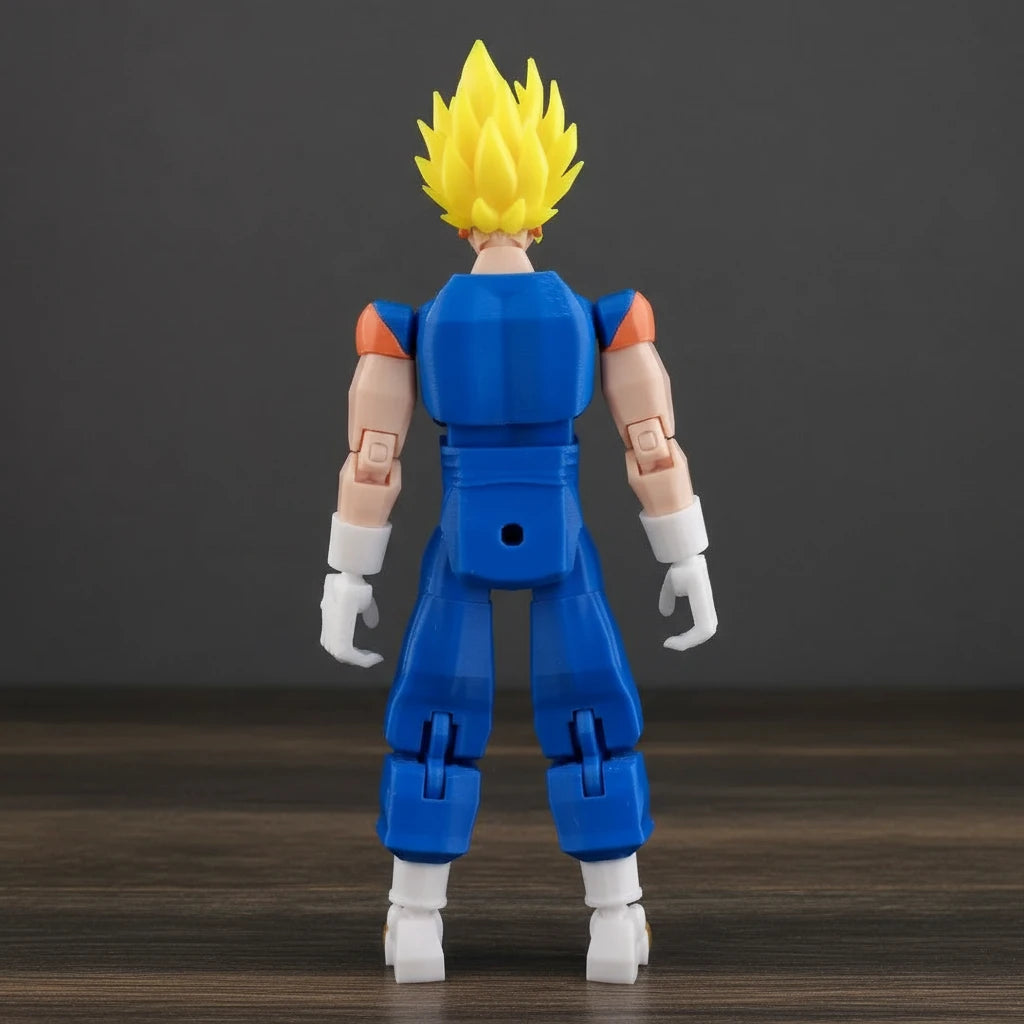 Toy figure with blue outfit and yellow spiky hair on a textured gray background
