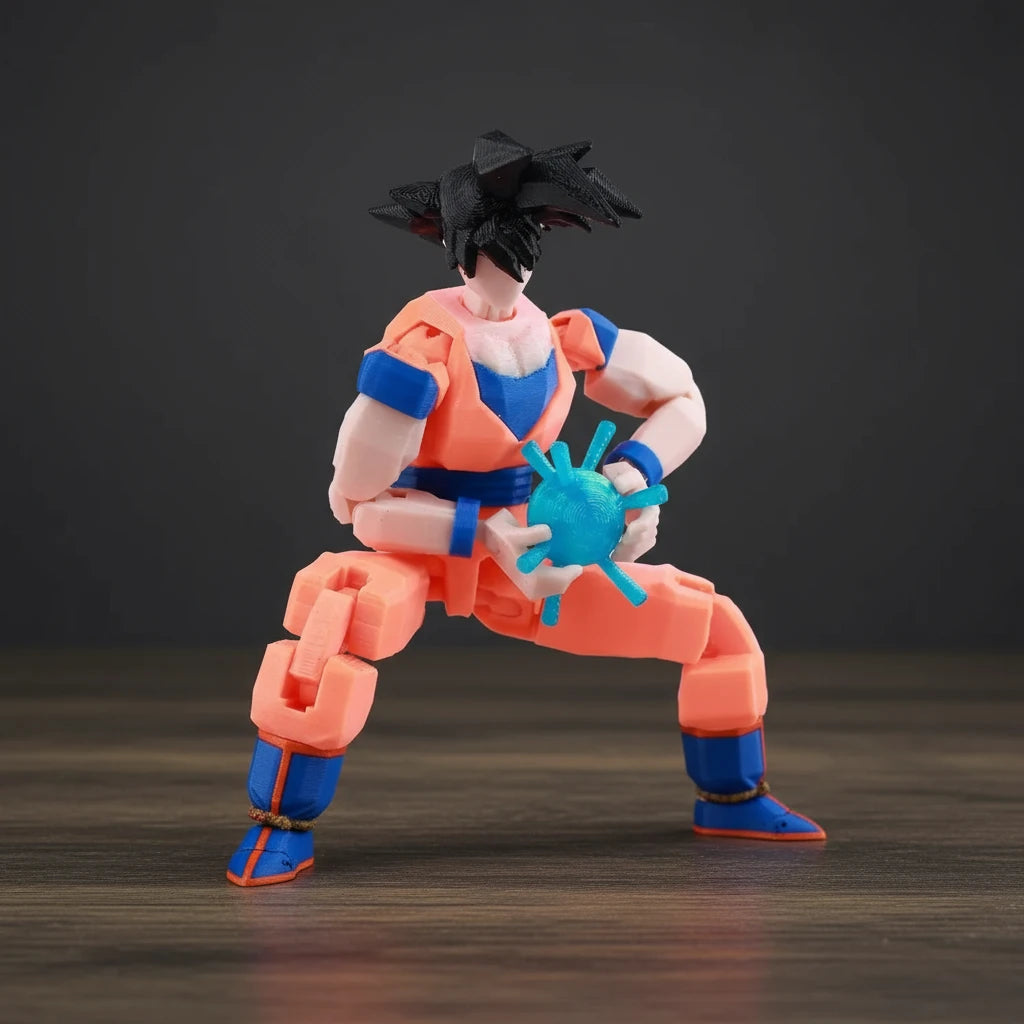 Toy figure in orange and blue outfit holding a blue object on a textured gray background