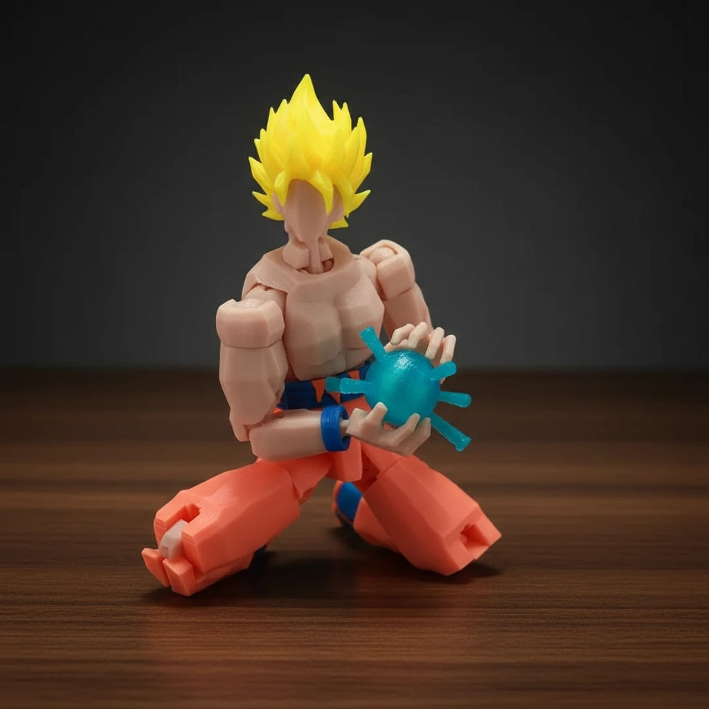 Action figure with yellow hair and blue hand accessory on a gray background