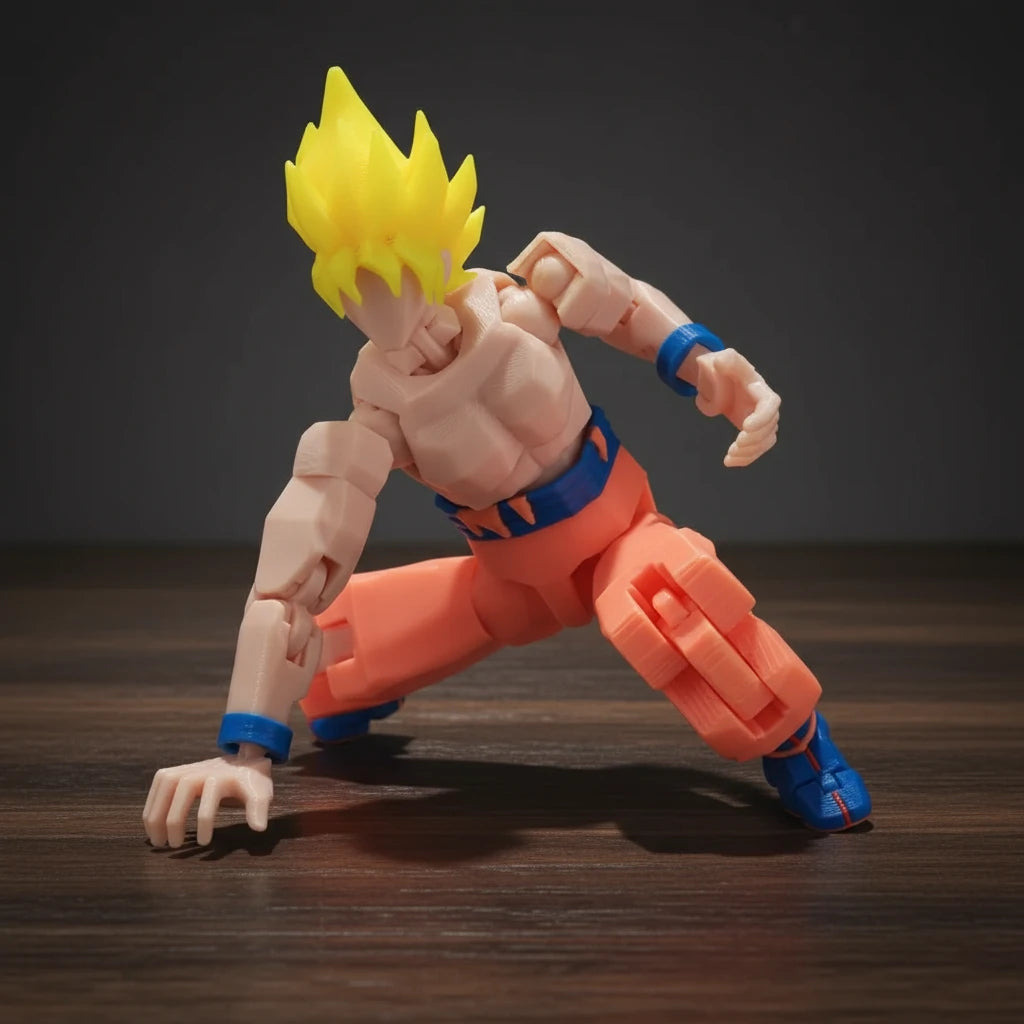 Toy figure of a character with spiky yellow hair and orange outfit on a gray background