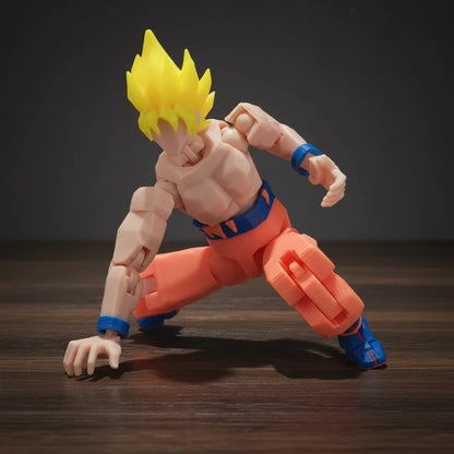 Toy figure of a character with spiky yellow hair and orange outfit on a gray background