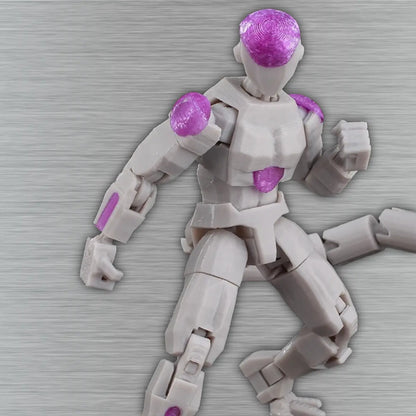Toy figure with purple and gray components on a textured surface