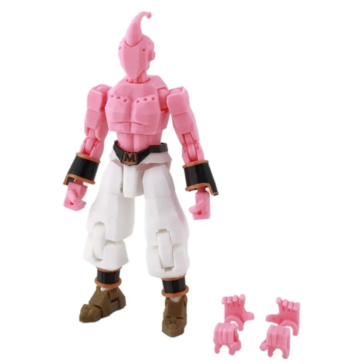 Action figure with pink and white design on a white background