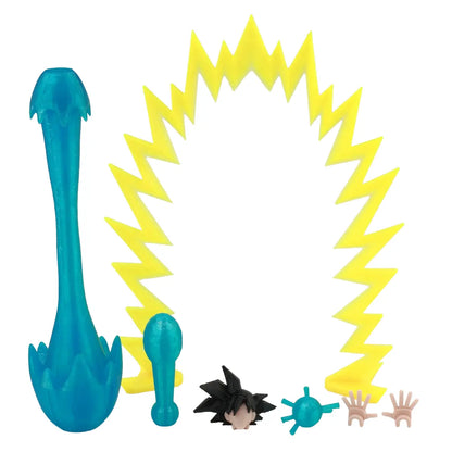 Toy set with a blue creature, yellow energy wave, and small figures on a white background