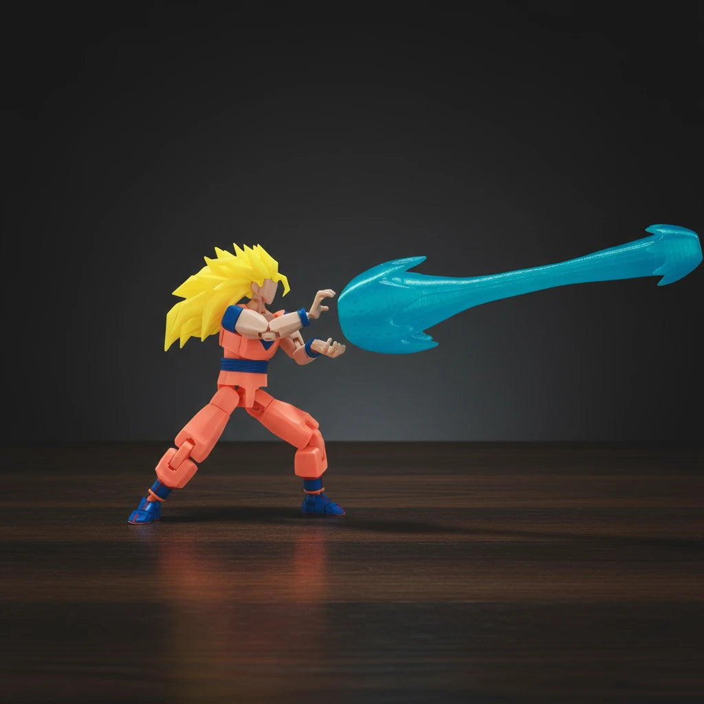 Toy figure of a character with spiky hair and orange outfit, holding a blue weapon on a metallic background